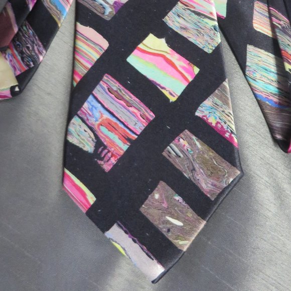 ❤️Mens TAKE 6 Designer Psychedelic Silk Gold Bar Accent Tie Necktie Pristine - Picture 2 of 8
